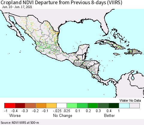 Mexico Central America and the Caribbean Cropland NDVI Departure from Previous 8-days (VIIRS) Thematic Map For 6/10/2021 - 6/17/2021