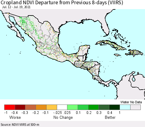 Mexico Central America and the Caribbean Cropland NDVI Departure from Previous 8-days (VIIRS) Thematic Map For 7/12/2021 - 7/19/2021