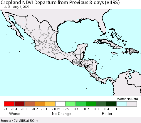 Mexico Central America and the Caribbean Cropland NDVI Departure from Previous 8-days (VIIRS) Thematic Map For 7/28/2022 - 8/4/2022