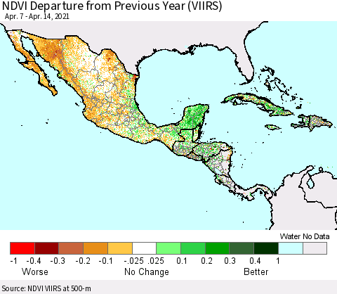Mexico Central America and the Caribbean NDVI Departure from Previous Year (VIIRS) Thematic Map For 4/7/2021 - 4/14/2021