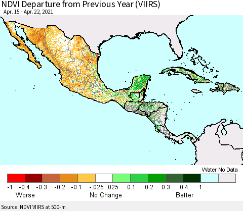 Mexico Central America and the Caribbean NDVI Departure from Previous Year (VIIRS) Thematic Map For 4/15/2021 - 4/22/2021
