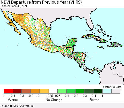 Mexico Central America and the Caribbean NDVI Departure from Previous Year (VIIRS) Thematic Map For 4/23/2021 - 4/30/2021