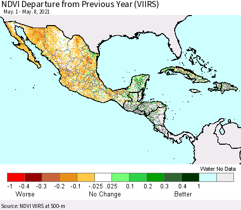 Mexico Central America and the Caribbean NDVI Departure from Previous Year (VIIRS) Thematic Map For 5/1/2021 - 5/8/2021