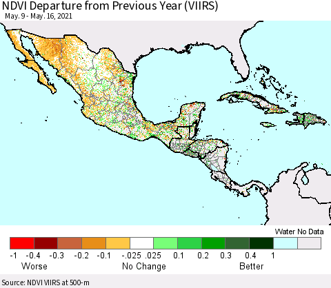 Mexico Central America and the Caribbean NDVI Departure from Previous Year (VIIRS) Thematic Map For 5/9/2021 - 5/16/2021