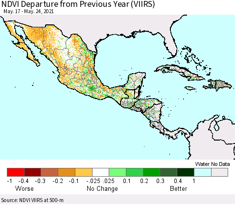 Mexico Central America and the Caribbean NDVI Departure from Previous Year (VIIRS) Thematic Map For 5/17/2021 - 5/24/2021