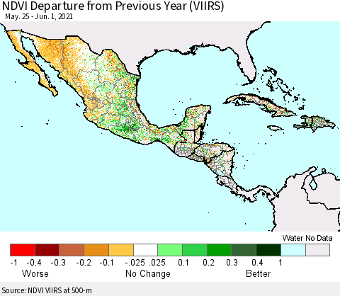Mexico Central America and the Caribbean NDVI Departure from Previous Year (VIIRS) Thematic Map For 5/25/2021 - 6/1/2021