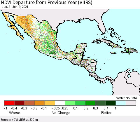 Mexico Central America and the Caribbean NDVI Departure from Previous Year (VIIRS) Thematic Map For 6/2/2021 - 6/9/2021