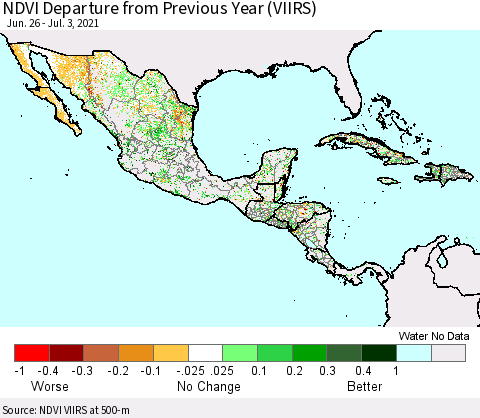 Mexico Central America and the Caribbean NDVI Departure from Previous Year (VIIRS) Thematic Map For 6/26/2021 - 7/3/2021