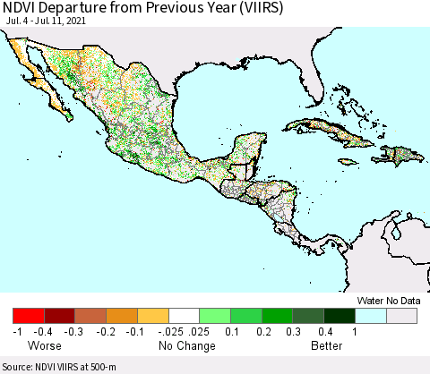 Mexico Central America and the Caribbean NDVI Departure from Previous Year (VIIRS) Thematic Map For 7/4/2021 - 7/11/2021
