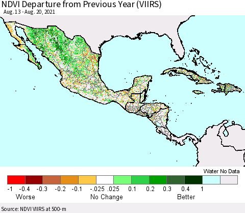 Mexico Central America and the Caribbean NDVI Departure from Previous Year (VIIRS) Thematic Map For 8/13/2021 - 8/20/2021