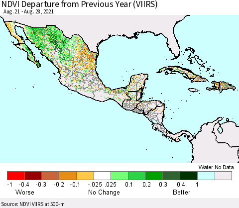 Mexico Central America and the Caribbean NDVI Departure from Previous Year (VIIRS) Thematic Map For 8/21/2021 - 8/28/2021