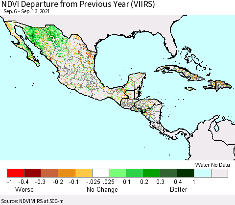 Mexico Central America and the Caribbean NDVI Departure from Previous Year (VIIRS) Thematic Map For 9/6/2021 - 9/13/2021