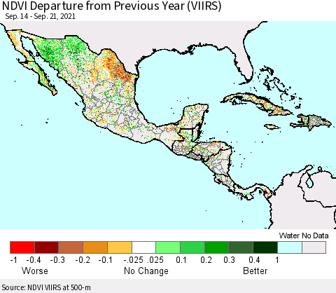 Mexico Central America and the Caribbean NDVI Departure from Previous Year (VIIRS) Thematic Map For 9/14/2021 - 9/21/2021
