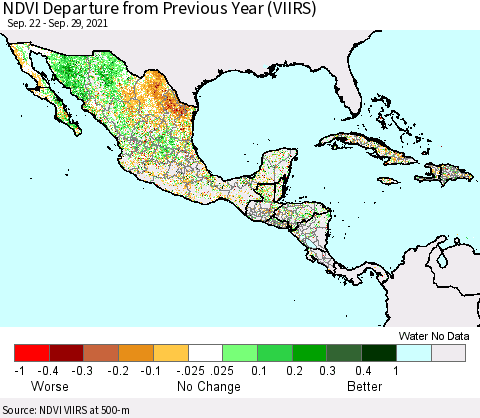 Mexico Central America and the Caribbean NDVI Departure from Previous Year (VIIRS) Thematic Map For 9/22/2021 - 9/29/2021