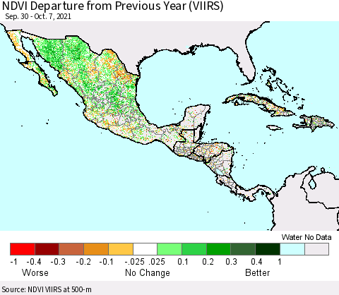 Mexico Central America and the Caribbean NDVI Departure from Previous Year (VIIRS) Thematic Map For 9/30/2021 - 10/7/2021