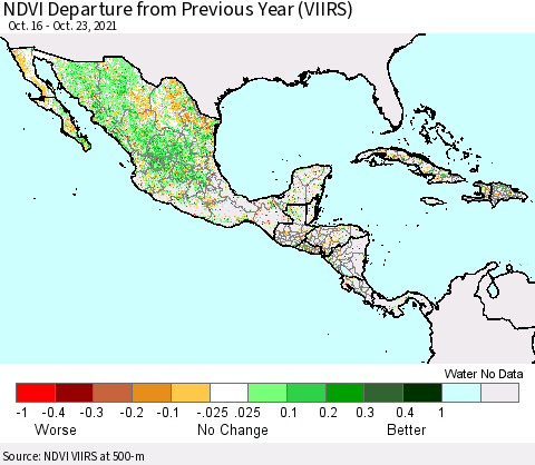 Mexico Central America and the Caribbean NDVI Departure from Previous Year (VIIRS) Thematic Map For 10/16/2021 - 10/23/2021