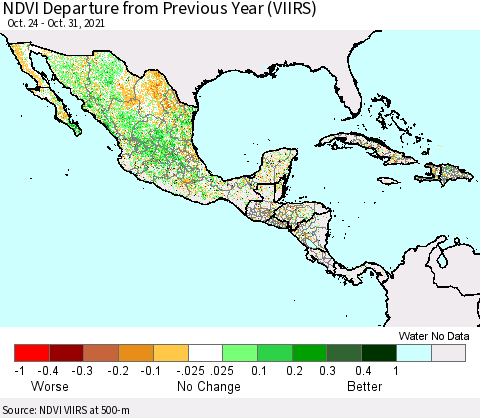 Mexico Central America and the Caribbean NDVI Departure from Previous Year (VIIRS) Thematic Map For 10/24/2021 - 10/31/2021