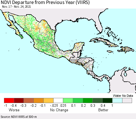Mexico Central America and the Caribbean NDVI Departure from Previous Year (VIIRS) Thematic Map For 11/17/2021 - 11/24/2021