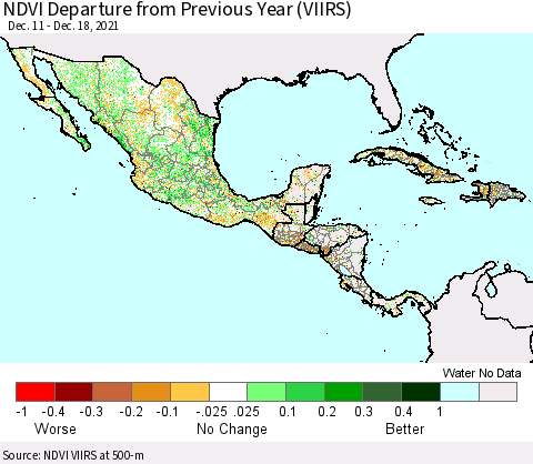 Mexico Central America and the Caribbean NDVI Departure from Previous Year (VIIRS) Thematic Map For 12/11/2021 - 12/18/2021