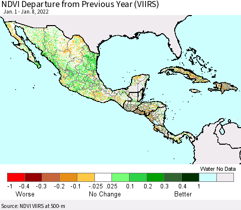 Mexico Central America and the Caribbean NDVI Departure from Previous Year (VIIRS) Thematic Map For 1/1/2022 - 1/8/2022
