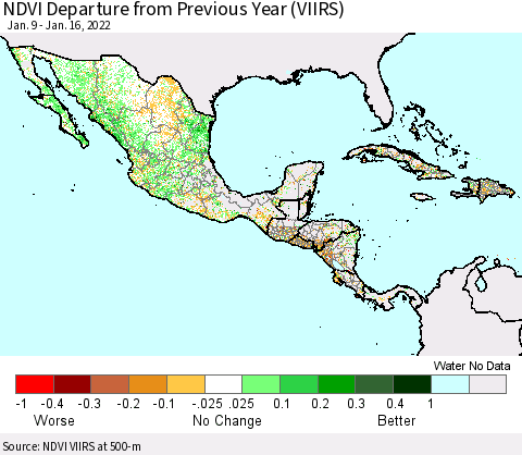 Mexico Central America and the Caribbean NDVI Departure from Previous Year (VIIRS) Thematic Map For 1/9/2022 - 1/16/2022