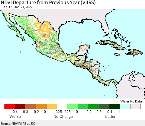Mexico Central America and the Caribbean NDVI Departure from Previous Year (VIIRS) Thematic Map For 1/17/2022 - 1/24/2022