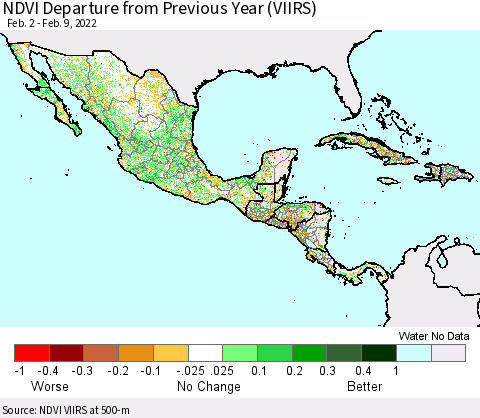 Mexico Central America and the Caribbean NDVI Departure from Previous Year (VIIRS) Thematic Map For 2/2/2022 - 2/9/2022
