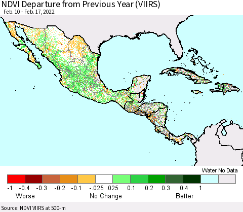 Mexico Central America and the Caribbean NDVI Departure from Previous Year (VIIRS) Thematic Map For 2/10/2022 - 2/17/2022