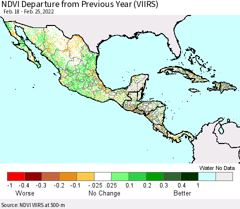 Mexico Central America and the Caribbean NDVI Departure from Previous Year (VIIRS) Thematic Map For 2/18/2022 - 2/25/2022