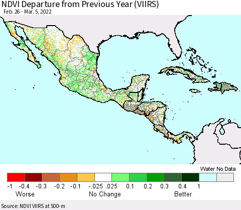 Mexico Central America and the Caribbean NDVI Departure from Previous Year (VIIRS) Thematic Map For 2/26/2022 - 3/5/2022