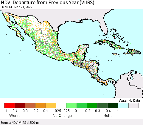 Mexico Central America and the Caribbean NDVI Departure from Previous Year (VIIRS) Thematic Map For 3/14/2022 - 3/21/2022