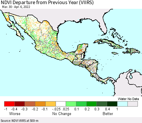 Mexico Central America and the Caribbean NDVI Departure from Previous Year (VIIRS) Thematic Map For 3/30/2022 - 4/6/2022