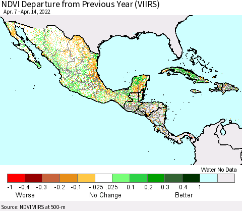 Mexico Central America and the Caribbean NDVI Departure from Previous Year (VIIRS) Thematic Map For 4/7/2022 - 4/14/2022