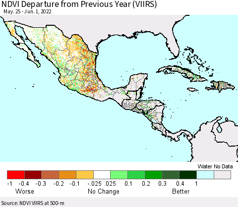 Mexico Central America and the Caribbean NDVI Departure from Previous Year (VIIRS) Thematic Map For 5/25/2022 - 6/1/2022