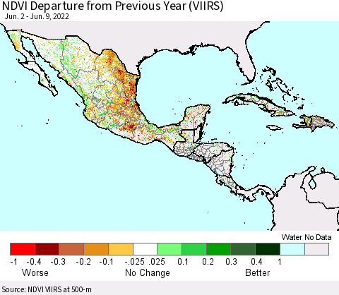 Mexico Central America and the Caribbean NDVI Departure from Previous Year (VIIRS) Thematic Map For 6/2/2022 - 6/9/2022