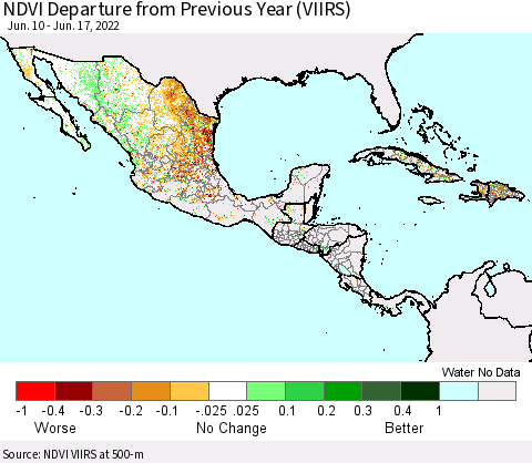 Mexico Central America and the Caribbean NDVI Departure from Previous Year (VIIRS) Thematic Map For 6/10/2022 - 6/17/2022