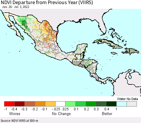 Mexico Central America and the Caribbean NDVI Departure from Previous Year (VIIRS) Thematic Map For 6/26/2022 - 7/3/2022