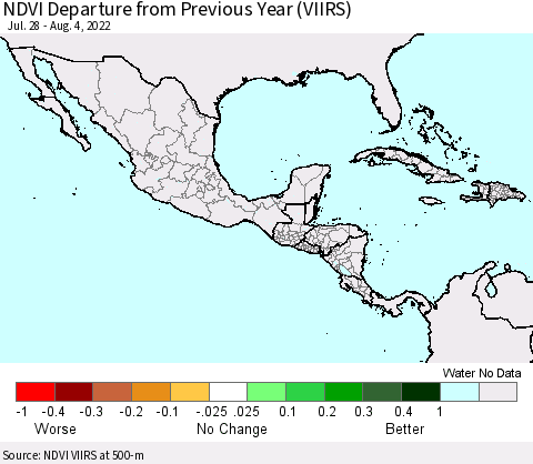 Mexico Central America and the Caribbean NDVI Departure from Previous Year (VIIRS) Thematic Map For 7/28/2022 - 8/4/2022