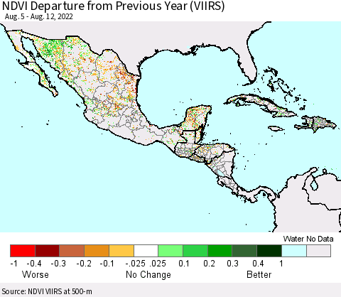 Mexico Central America and the Caribbean NDVI Departure from Previous Year (VIIRS) Thematic Map For 8/5/2022 - 8/12/2022