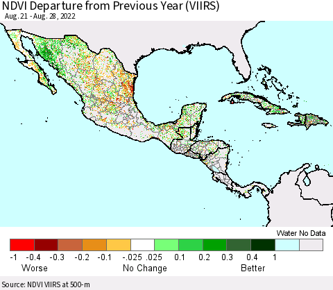 Mexico Central America and the Caribbean NDVI Departure from Previous Year (VIIRS) Thematic Map For 8/21/2022 - 8/28/2022