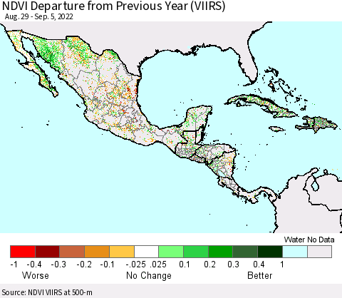 Mexico Central America and the Caribbean NDVI Departure from Previous Year (VIIRS) Thematic Map For 8/29/2022 - 9/5/2022