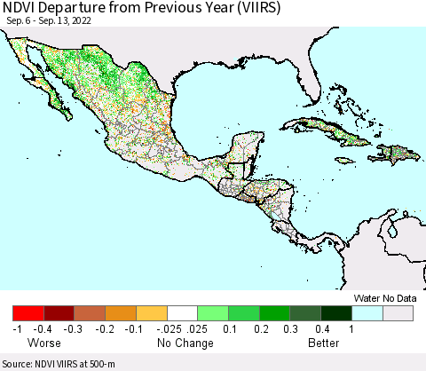 Mexico Central America and the Caribbean NDVI Departure from Previous Year (VIIRS) Thematic Map For 9/6/2022 - 9/13/2022