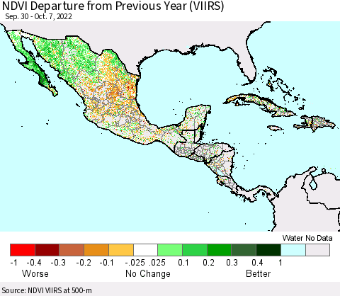 Mexico Central America and the Caribbean NDVI Departure from Previous Year (VIIRS) Thematic Map For 9/30/2022 - 10/7/2022