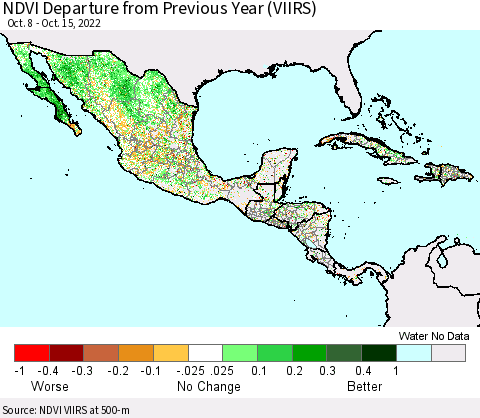 Mexico Central America and the Caribbean NDVI Departure from Previous Year (VIIRS) Thematic Map For 10/8/2022 - 10/15/2022