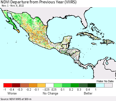 Mexico Central America and the Caribbean NDVI Departure from Previous Year (VIIRS) Thematic Map For 11/1/2022 - 11/8/2022