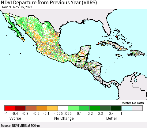 Mexico Central America and the Caribbean NDVI Departure from Previous Year (VIIRS) Thematic Map For 11/9/2022 - 11/16/2022