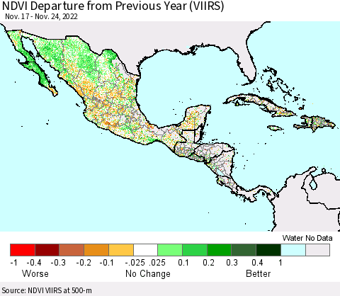 Mexico Central America and the Caribbean NDVI Departure from Previous Year (VIIRS) Thematic Map For 11/17/2022 - 11/24/2022