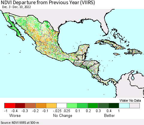 Mexico Central America and the Caribbean NDVI Departure from Previous Year (VIIRS) Thematic Map For 12/3/2022 - 12/10/2022