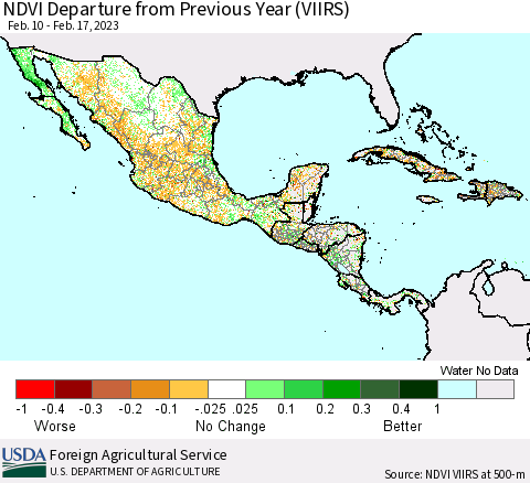 Mexico Central America and the Caribbean NDVI Departure from Previous Year (VIIRS) Thematic Map For 2/10/2023 - 2/17/2023