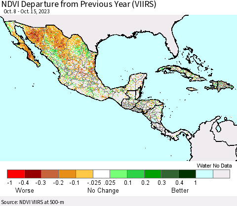 Mexico Central America and the Caribbean NDVI Departure from Previous Year (VIIRS) Thematic Map For 10/8/2023 - 10/15/2023